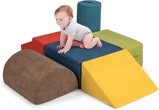 Costzon Toddler Climbing Toys Indoor, 6 Pieces Foam Climbing Blocks for Baby w/Skin-Friendly Chenille Fabric, 30D High-Density Foam & Carrying Handles, Soft Play Climbing for Toddler (Assorted)