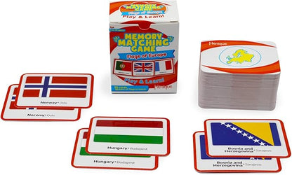 Menique Flags of Europe Memory Matching Game – 100 Cards (50 Pairs) with Flag, Country & Capital – Educational Geography Game for Kids and Adults