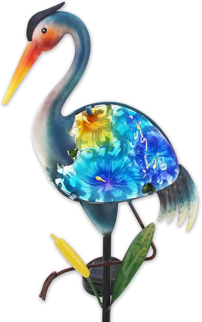 Heron Solar Garden Lights, Hand-Painted Glass Solar Garden Decor, Lawn Ornaments Solar Stake Lights Yard Art Solar Landscape Lights for Patio Lawn Yard Porch Decor