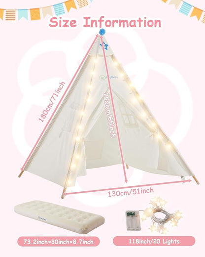 6 Pack Teepee Tent for Kids with Inflatable Airbed, Light, Toddler Tent Children Room Tents, Slumber Party Sleepover Tents, Indoor Outdoor Kids Playtent Playhouse for Girls & Boys