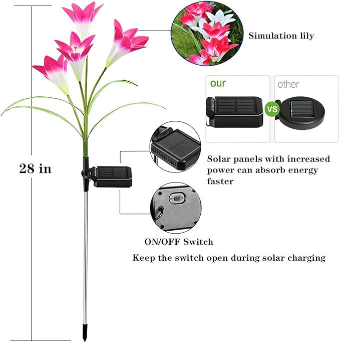ZYLiWoo-Solar Flower Lights, 6 Pack Outdoor Lily Flower Lights, Multi Color Changing LED 24 Flowers Lily Flower Solar Garden Stakes Flower Lights， for Patio, Lawn, Garden, Yard Decoration