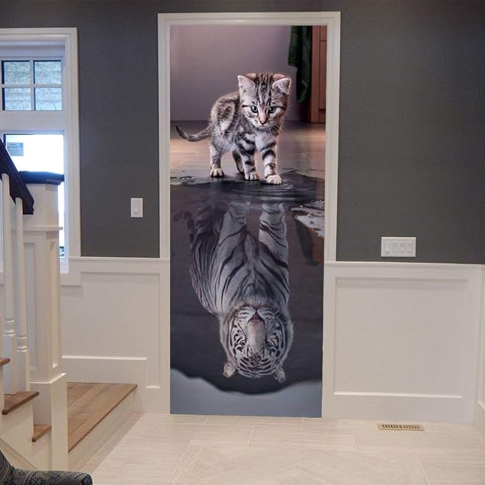 3D Cat to Tiger Transformation Door Sticker - Premium PVC, Matte Finish, White, Contemporary Style - Peel & Stick, Waterproof, Removable - 35.4" x 78.7" (2 Pieces) - For Doors, Walls