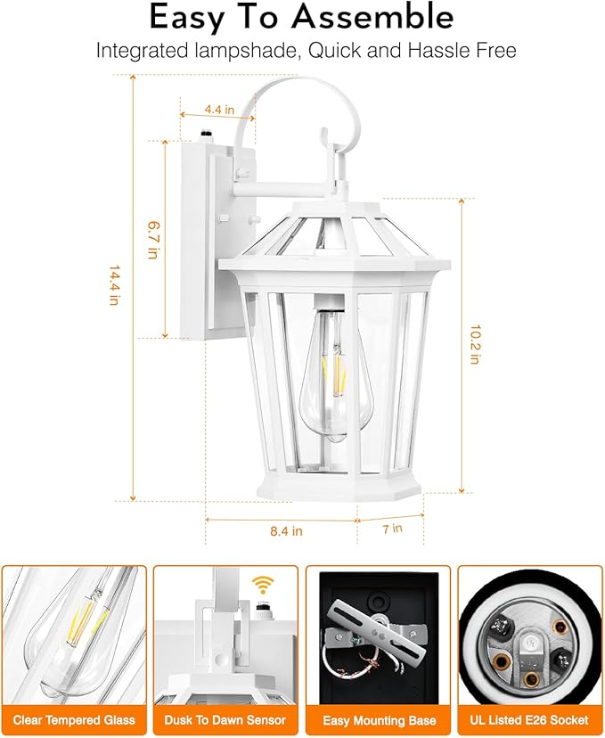 VIANIS 2 Pack Outdoor Wall Lights, Dusk to Dawn Exterior Light Fixture for House, 100% Anti-Rust Aluminum Waterproof Porch Light Outside Wall Lights, White Outdoor Wall Sconce Lanterns for Garage