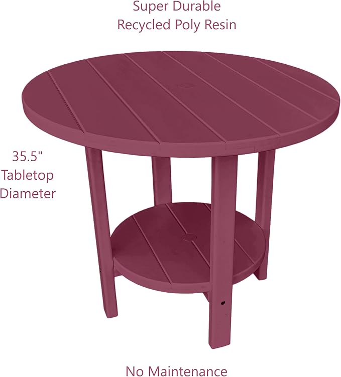 Phat Tommy Round Poly Resin Outdoor Patio Dining Table, All Weather Poly Patio Outdoor Furniture, Dark Red