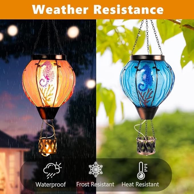 Seahorse Solar Hot Air Balloon Lantern with Flame Flickering Light,Glass Hot Air Balloon Solar Lanterns Outdoor Waterproof Hanging Outdoor Lights for Yard,Patio,Porch Garden Gift for Women