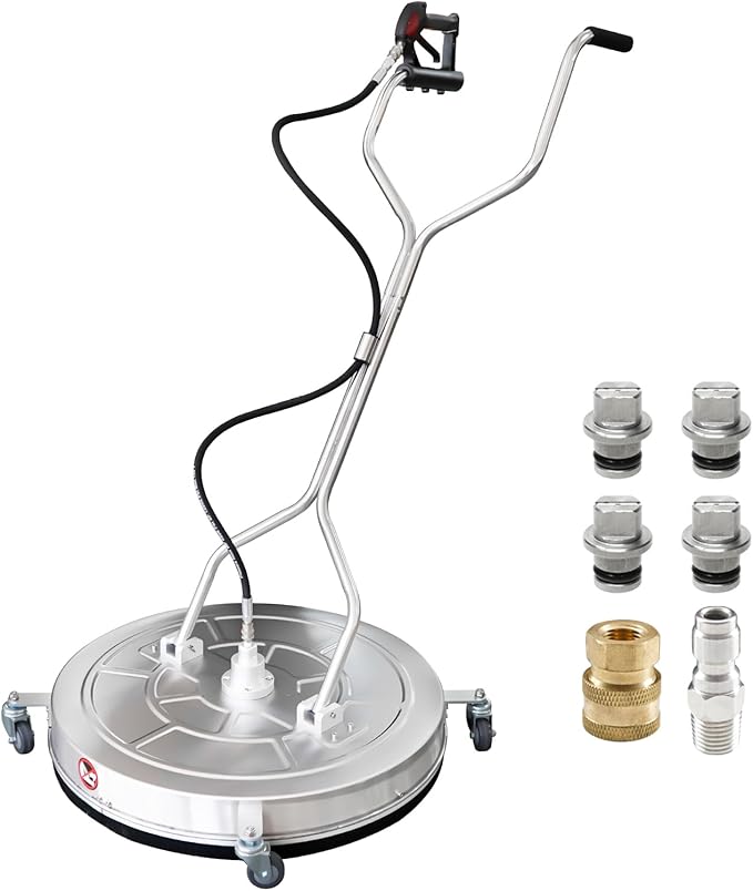 JANZ 30'' Pressure Washer Surface Cleaner with 4 Wheels,Dual Handle,Stainless Steel Housing, 2 Hose Adapters and 4 Replacement Nozzle Cores,Ideal for Driveways, Sidewalks,Patios,Decks Cleaning