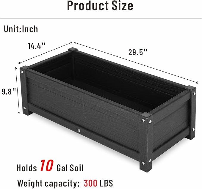 HDPE Raised Planter Box Outdoor,Rot-Resistant and Non-Cracking,Raised Beds for Gardening 29.5 * 14.4 * 9.8 in for Yard,Lawn,Outdoor Planter Boxes Rectangle with Drainage Holes Black