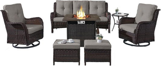 Outdoor Patio Furniture Set with 50000BTU Propane Fire Pit Table, 7 Pieces Wicker Patio Conversation Set with 2 Swivel Glider Rocker Chair Rattan Sofa Grey Cushion Perfect for Casual Gathering