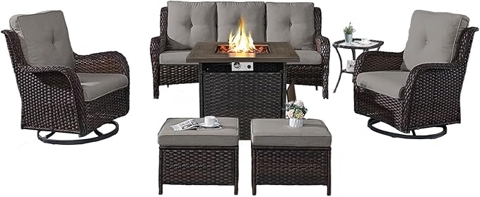 Outdoor Patio Furniture Set with Propane Fire Pit Table, 7 Pieces Wicker Patio Conversation Set with 2 Swivel Glider Rocker Chair Rattan Sofa Grey Cushion Perfect for Casual Gathering