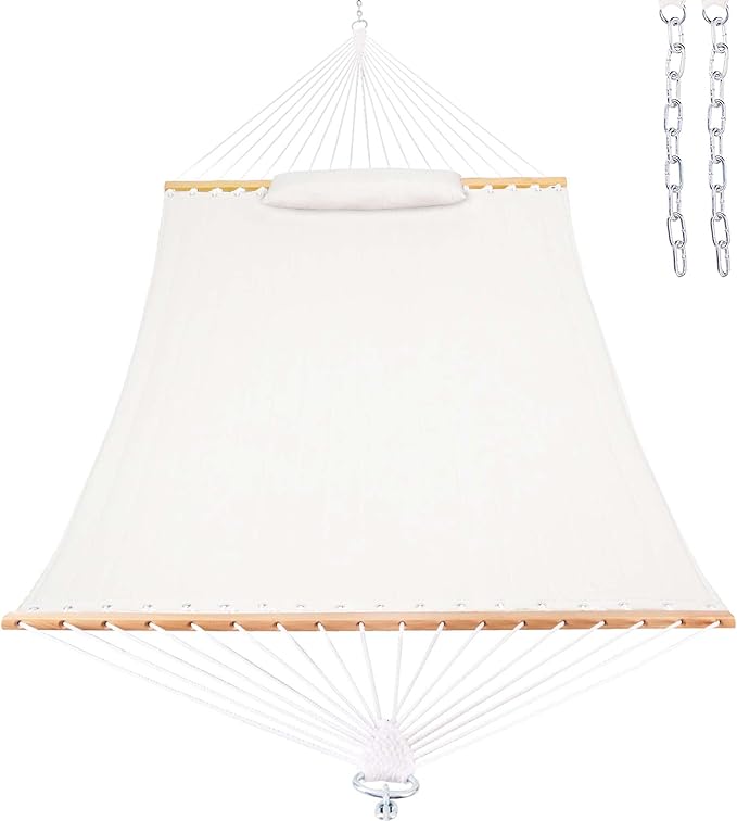 Lazy Daze 12 FT Sunbrella Quilted Double Hammock with Hardwood Spreader Bar, 450 lbs Capacity, Cream