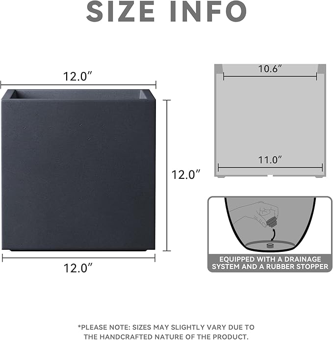 Kante 12 Inch Square Concrete Planter for Outdoor Indoor Home Patio Garden, Large Plant Pot with Drainage Hole and Rubber Plug, Charcoal