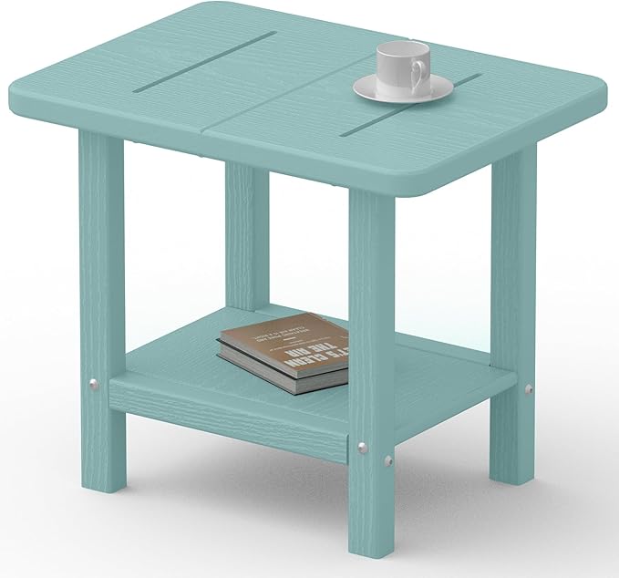 Outdoor Side Table - 2-Tier Storage All Weather Outdoor End Table for Patio - HDPE Morden Easy Maintenance Adirondack Side Table for Pool Porch Balcony Garden Lawn Backyard Outside Indoor