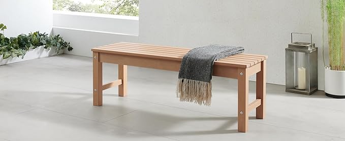 Psilvam Outdoor Bench, Two Person Poly Lumber Porch Bench, Weatherproof Garden Bench That Never Rot and Fade, All-Weather Patio Bench Suit for Garden, Porch, and Park (2pcs, Teak Color)