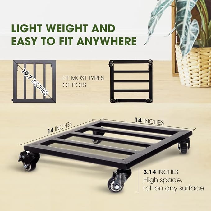 IDZO 14Inch Plant Caddy with Wheels Heavy Duty Capacity 385 Lbs, Metal Cast Iron Rolling Stray, Plant Stand with Wheels Lockable Repositioning Heavy Pots, Hauling Heavy Household Items - Black