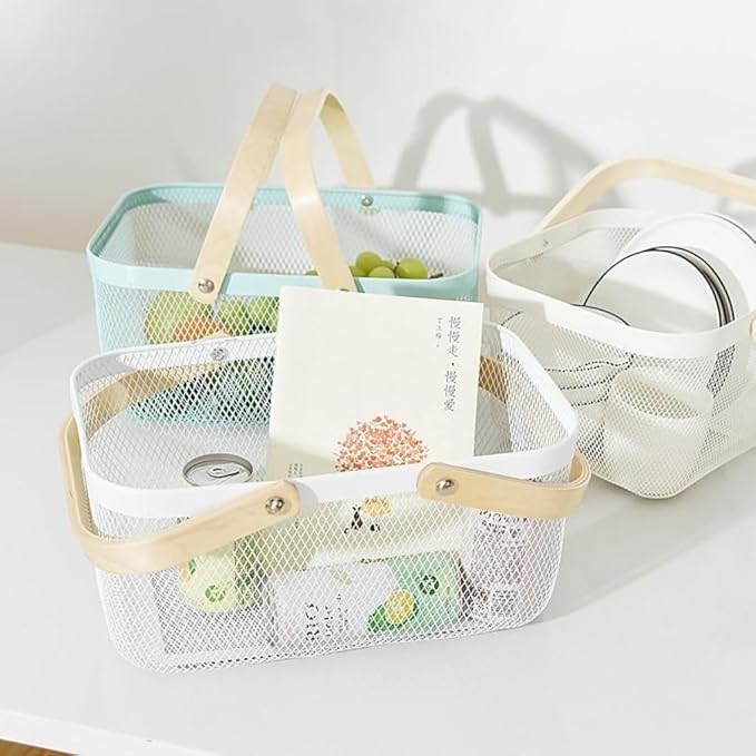 Portable Mesh Harvest Basket - Natural Bamboo Handle Foldable Organizer for Kitchen, Garden & Picnic | Ventilated Storage Bin with Rust-Proof Wire, Space-Saving Farmhouse Decor (Nebula Green)