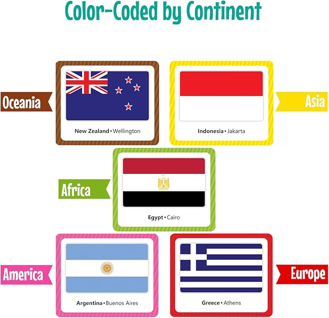 Menique Flags of The World Memory Matching Game – 100 Cards, 50 Countries to Match – Educational & Fun for Kids and Adults – Color-Coded by Continent – Learn Flags, Capitals, and Geography