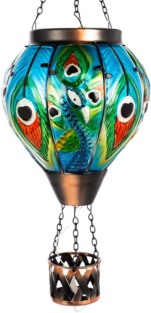 Peacock Hot Air Balloon Solar Lantern with Flickering Flame,Glass Hanging Solar Lanterns Outdoor Waterproof,Hot Air Balloon Decorative Lights for Patio Porch Yard Decor,Peacock Gifts for Women