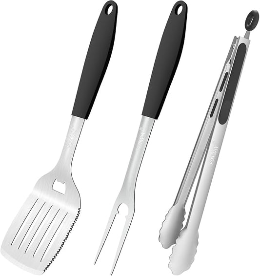 BBQ Grilling Accessories, 3Pcs Stainless Steel Grill Tools Accessories Set with Spatula, Fork and Tongs, Barbecue Utensils Grilling Tools for Outdoor Camping, Heat-Resistant Silicone Handle