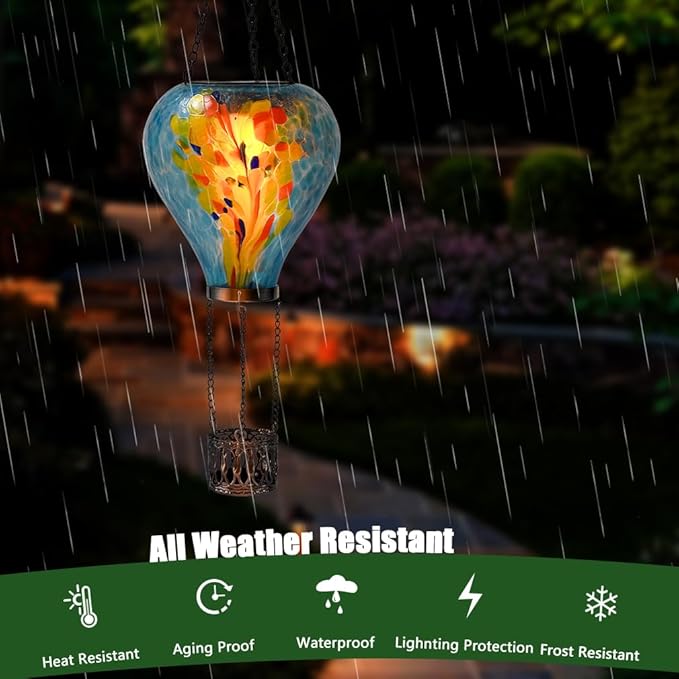 Hot Air Balloon Solar Lantern - Stained Glass Lantern with Simulated Flickering Flame, Outdoor Hanging Yard Light Waterproof IP65 & Weather Resistant for Garden Patio Lawn Porch Decor Gfit