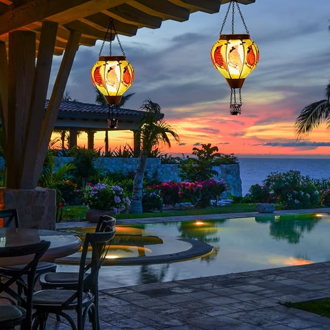 Starsoul 2 PC Cardinal Hot Air Balloon Solar Lantern with Flame Glass Outdoor Hanging Hot Air Balloon Solar Light Waterproof Garden Patio Yard Party Decorations