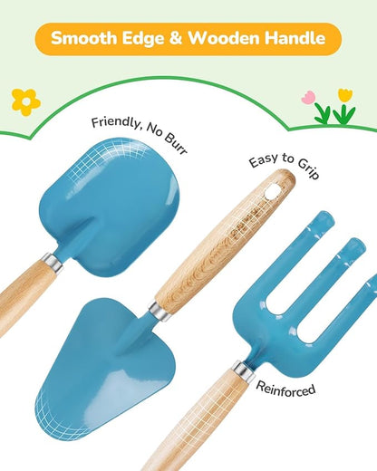 Kids Gardening Set Toys, Quality Garden Tool Kit for Kids and Toddlers, Includes Two Shovels, Garden hat,Rake, Apron,Gloves, Watering Can, and Tool Bag (Blue)