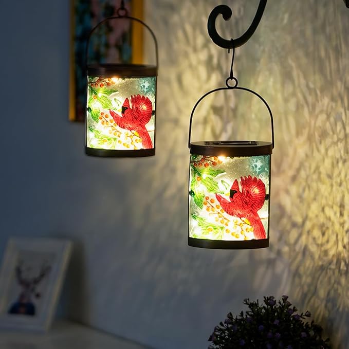 2 Pack Cardinal Solar Lanterns Outdoor Waterproof, Hanging Tabletop Solar Lantern with LED Light for Garden Yard Lawn