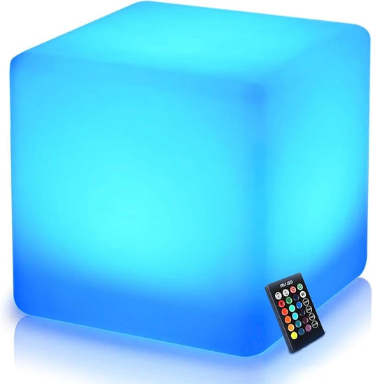Mr.Go 16-inch Rechargeable LED Cube Chair Light, 16 RGB Colors Glow Cube Seat w/Remote, Waterproof LED Cube Table, Color Changing Cube Floor Lamp, Home Bedroom Patio Party Decorative Lighting