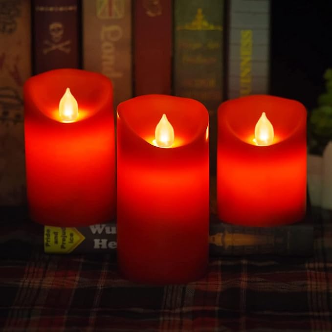 Flameless Battery Operated Flickering Candles:3PACK Red Real Wax Pillar Candle,Electric LED Candle with 10-Key Remote Control and 24 Hours Timer for Home Decoration Holiday Party