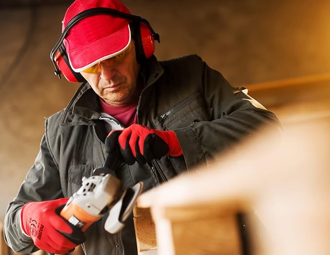 DULFINE Safety Work Gloves PU Coated for Men and Women-12 Pairs,Red Seamless Knit Glove with Two Fingers Touchscreen,Ideal for General Duty Work (Large)