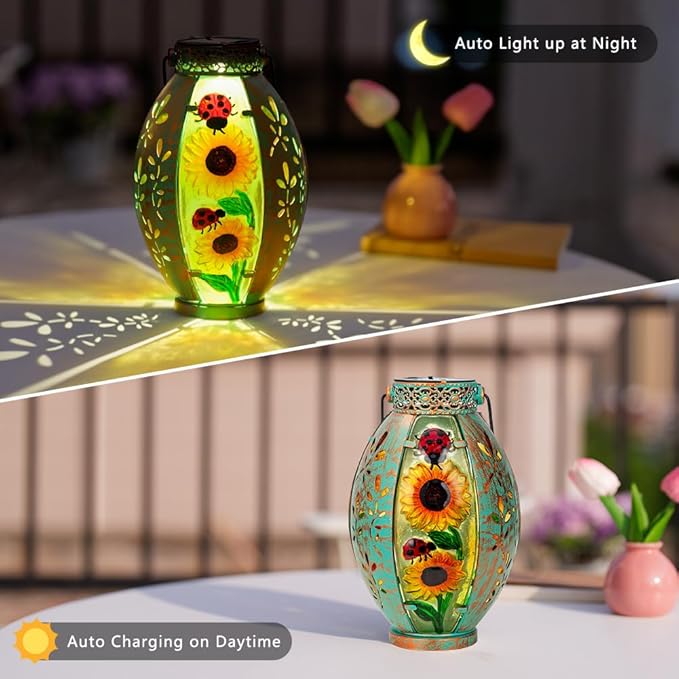 Sunflower Solar Lanterns Outdoor Waterproof,Hanging Solar Lantern,Sunflower Lanterns Decorative Outdoor,Glass & Metal Solar Lights for Tabletop Patio Porch Decor