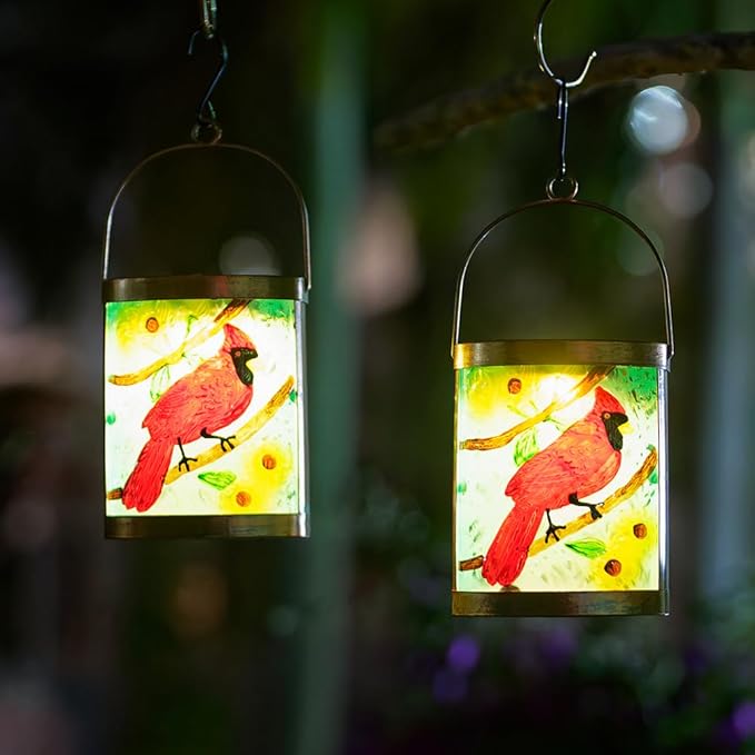 Starsoul 2 Pack Hanging Solar Lantern Outdoor Waterproof Glass Red Cardinal Decorative Solar Lights for Outside Garden Yard Table Patio Decor Cardinal Gifts