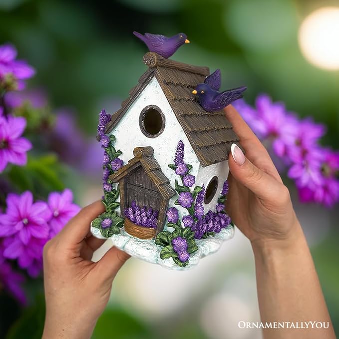 Spring & Summer-Themed Garden Statues – Adorable Outdoor Decor for Lawn, Patio & Porch (Lovely Floral Lavender Bird House Figurine, 7" Novelty Cottage Garden Decor)