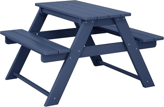 Costaelm Kids Picnic Table, HDPE All Weather Outdoor Toddler Picnic Table and Chair Set Kids Bench for Patio, Backyard, Garden, Lawn, Navy Blue