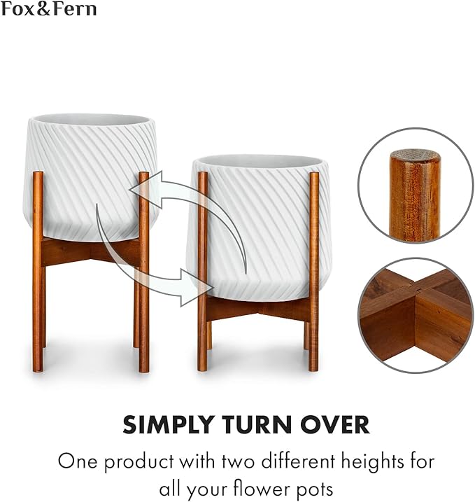 Fox & Fern Mid Century Plant Stand — 10 Inch Fixed Size Wooden Plant Stand for Indoor Planters; Raised Flower Pot Holder for Indoors; Plug In Design; Two Height Options; Easy to Assemble - Acacia