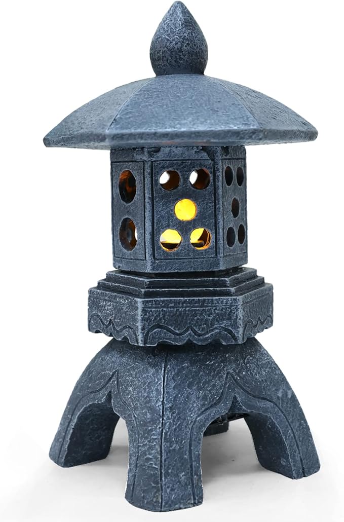 Pagoda Lantern Garden Statue with Solar Lotus Lights, Large Resin Japanese Temple Pagoda Lamp Asian Zen Outdoor Yard Decor for Landscape Patio Porch Lawn Decorations, Christmas Ornament Gift