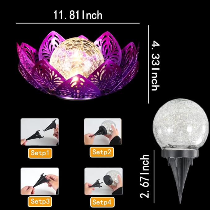 12 inches Solar Lights Outdoor Garden, Crackle Globe Glass Lotus Decoration, Waterproof LED Metal Flower Lights for Patio,Lawn,Walkway,Tabletop,Ground Gardening Gifts (Purple Hollow)