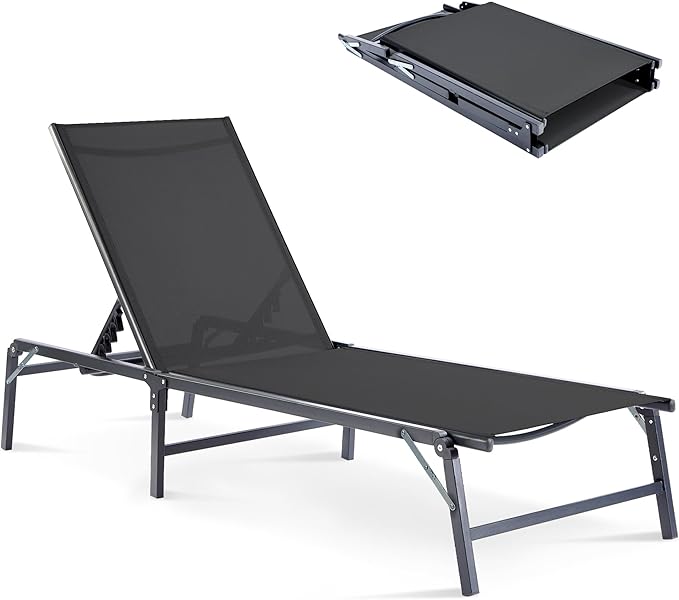 Outdoor Chaise Lounge Chair, Foldable & Assemble-Free, 6 Adjustable Positions, Durable Rust-Resistant Frame, Portable Outdoor Pool Lounge Chairs for Pool Patio Beach, Black