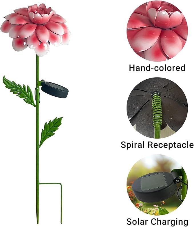 6Pcs 25" Solar Garden Decor for Outside, 3D Metal Flowers for Outside, Valentines Day Decorations Outdoor, Solar Stakes Garden Decor, Yard Art for Lawn Patio Porch Gifts for Her