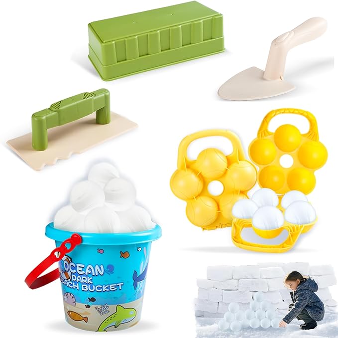 6pcs Kids Play Snow Toys, Snowballs - Makers Brick Mold with Bucket, Outdoor Winter and Summer Fun Toys for Toddler Ages 3-8 Snowball Fight, Snow Fort Building Travel Kit, Beach Chases Sand Toys
