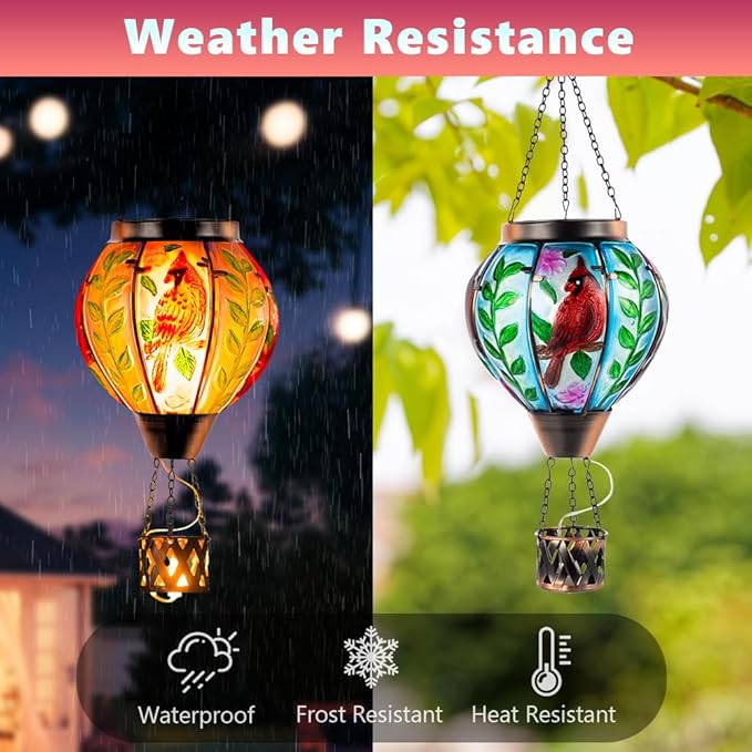 Starsoul Cardinal Hot Air Balloon Solar Flickering Flame with Candle Holder Outdoor Solar Lantern Hot Air Balloon Solar Light Waterproof Hanging Solar Balloon Lamp Garden Patio Yard Decor