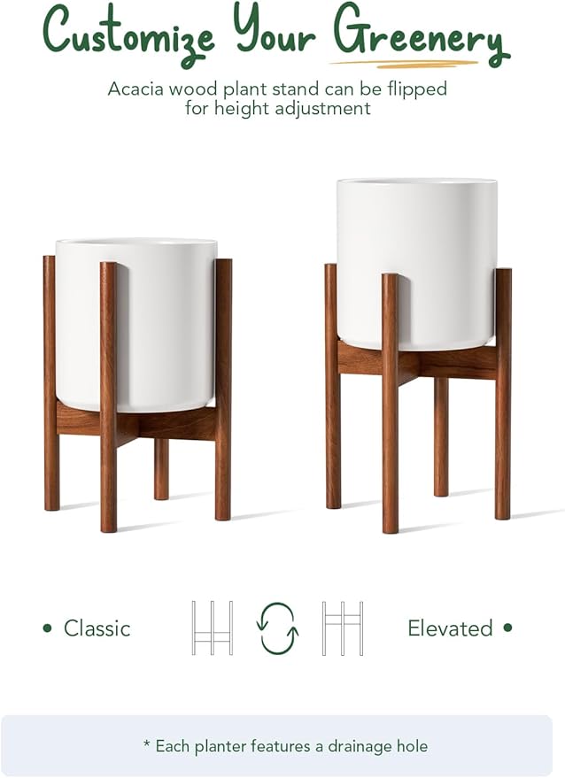 LE TAUCI 12 Inch Plant Pot with Acacia Wood Stand, Large Ceramic Planter for Indoor Plants, Mid-Century Modern Home Decor, Round Flower Pot with Drainage Hole and Adjustable Plant Stand, White