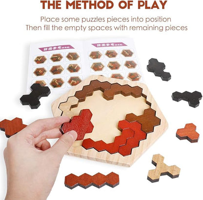Skrtuan Wooden Hexagon Puzzle for Kids & Adults, Montessori STEM Educational Toy with Colorful Shapes, Logic IQ Brain Teaser Game for Kids, Geometry Tangram Gift