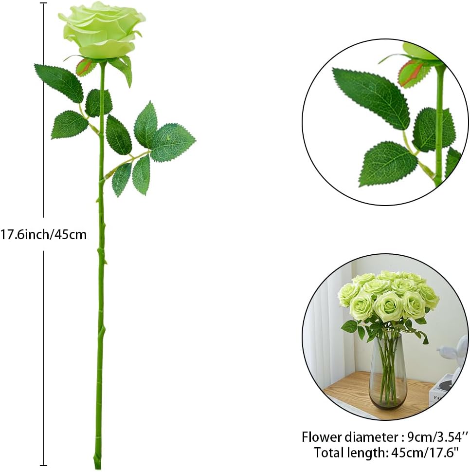 Artificial Rose 10pcs Open Flower Bouquet Faux Rose Stems for Wedding Arrangement, Bridal Bouquet, Centerpiece, Fake Faux Silk Flowers (Green)