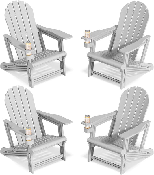Adirondack Chairs Set of 4, Tool-Free Assembly All-Weather Plastic Adirondack Chairs, HDPE Fire Pit Chairs with Cup Holder, Outdoor Chair for Patio Garden (Grey)