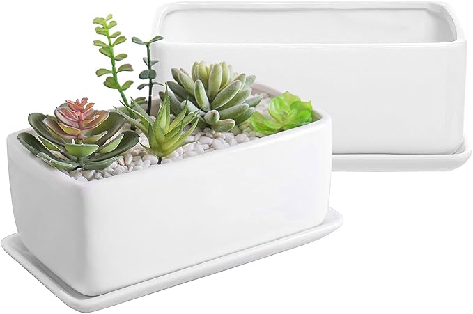 MyGift 14 Inch Modern Unglazed White Ceramic Indoor Plant Pot with Drainage Hole, Rectangular Succulent Planter Window Box with Removable Saucer, White (10 inch - 2 Pack)
