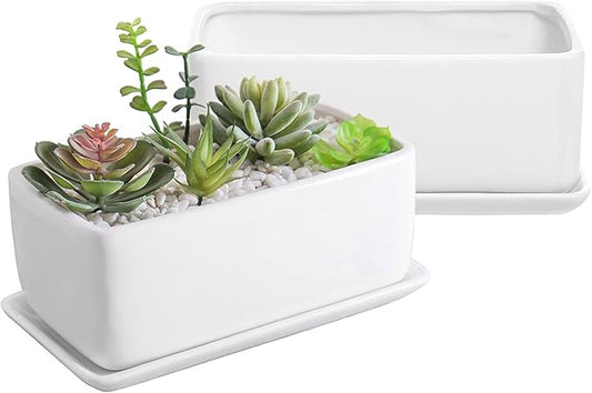 MyGift 14 Inch Modern Unglazed White Ceramic Indoor Plant Pot with Drainage Hole, Rectangular Succulent Planter Window Box with Removable Saucer, White (10 inch - 2 Pack)
