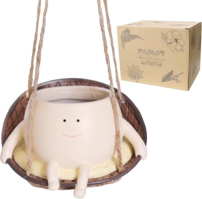 Hanging Swing Chair Planter Pot Resin Smiley Face Planter for Indoor Outdoor Plant Cute Head Flower Pots for String of Pearls Plant Live Unique Gift IdeaI for Mother Day, Christmas (Small)