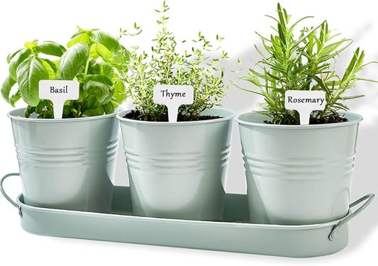 vensovo Indoor Herb Planter Set - Galvanized Windowsill Garden Pots with Tray & Drainage, Set of 3 Metal Window Planters for Kitchen & Outdoor Use, Light Green