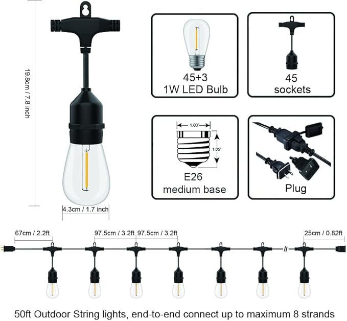 SUFEIMAS Outdoor String Lights LED 150FT with 45 Sockets 48pcs S14 Shattreproof Edison Bulbs,Dimmable LED Outdoor String Lights for Outside, Patio,Backyard, Market, Cafe (3 * 50ft)