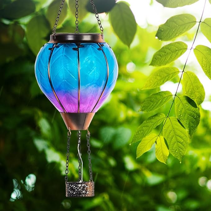 Starsoul 2 PC Blue Hot Air Balloon Solar Lantern with Flame Glass Hanging Outdoor Hot Air Balloon Solar Light Waterproof Garden Patio Yard Party Decorations